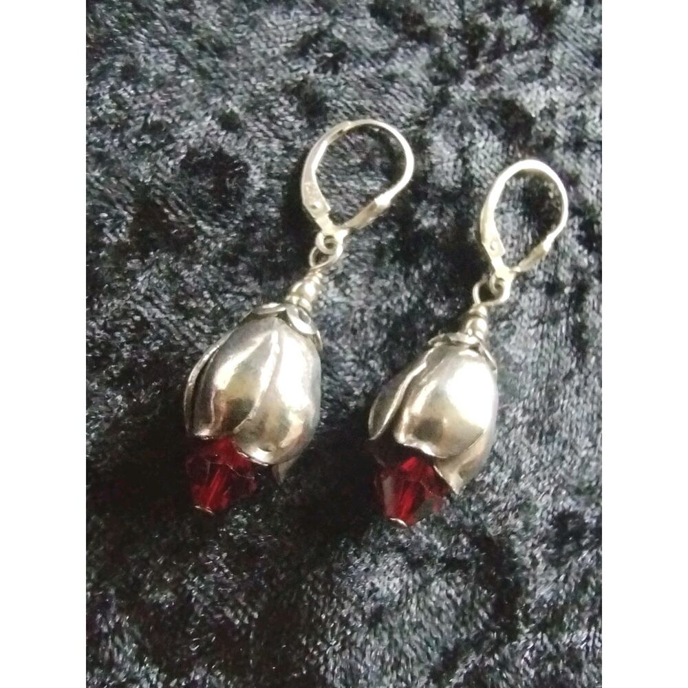 Vintage Silver Artisan Tulip & Garnet Crystal Bead Drop 925 Stamped Earrings